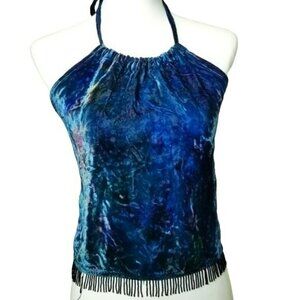 Navajo Velvet Halter Crop Top Tie Back and Neck Multicolored Blue Beaded‎ Tassel